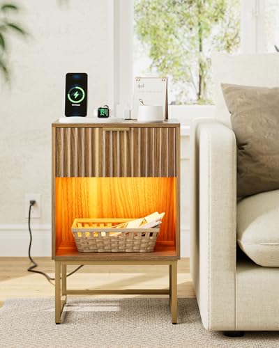 Masupu Fluted Nightstand with Charging Station and LED Lights,Modern Night Stand Wood Bedside Table with Storage Drawer Side End Table for Bedroom,Office,Walnut Brown - color: Light-walnut Brown