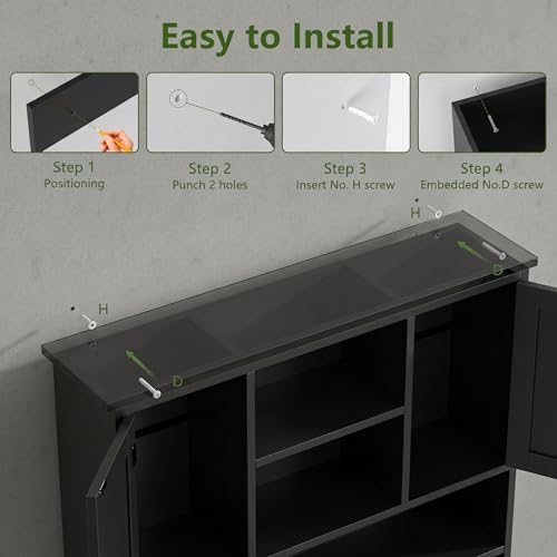 Bathroom Wall Cabinet with Doors and Hooks, 3-Tier Wall Mounted Cabinet | Modern Medicine Cabinet with 3 Open Shelves, Over the Toilet Storage Cabinet for Kitchen, Laundry Room, Living Room, Black - color: Black