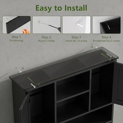Bathroom Wall Cabinet with Doors and Hooks, 3-Tier Wall Mounted Cabinet | Modern Medicine Cabinet with 3 Open Shelves, Over the Toilet Storage Cabinet for Kitchen, Laundry Room, Living Room, Black - color: Black