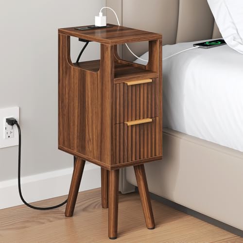 ELYKEN 7.9" Small Narrow Side Table with Charging Station, 24.4" H Skinny Fluted Nightstand with 2 Drawers, Solid Wood Feet, Open Storage, Slim End Table for Small Spaces, Bedroom, Walnut - color: Walnut-1 Pcs
