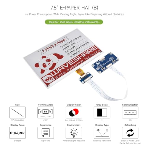 Waveshare 7.5inch E-Paper E-Ink Display HAT Compatible with Raspberry Pi 5/4B/3B/Zero/Zero W/Zero 2W/Pico/Pico W/Pico WH, 800×480 Pixels Red/Black/White Three-Color SPI Interface