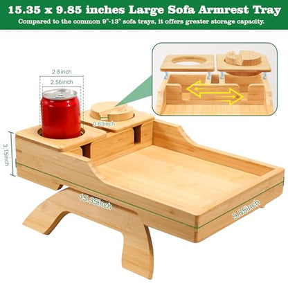 GHKINMAL Bamboo Couch Cup Holder, 4 in 1 Couch Arm Trays with 360°Rotated Phone Holder, Non-Slip Clip on Side Table for Drinks/Remote/Snacks, Ideal Gift for Husband, Wife, Parents - color: Natural Bamboo