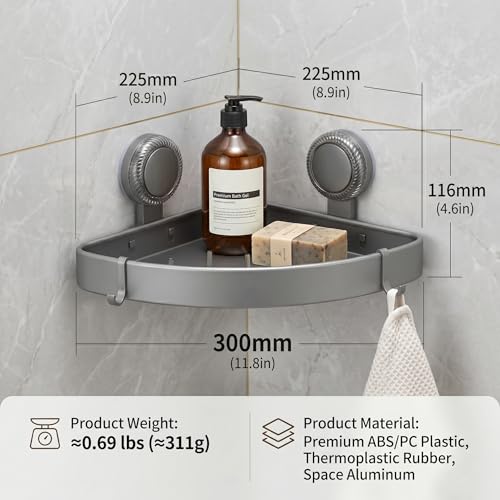 2 Pack Corner Shower Caddy Suction Cup, Space Aluminum No Drill Bathroom Organizer Shelves, Rustproof Triangle Corner Shower Shelf for Inside Shower, Damage-Free Removable Shampoo Holder