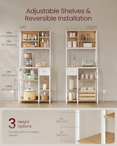 VASAGLE Bakers Rack with Charging Station, Coffee Bar, 15.7 x 31.5 x 71 Inches, Kitchen Microwave Stand, Adjustable Storage Shelves, Fabric Drawer, 12 Hooks, Golden Oak and Cloud White UKKS015Y03 - color: Golden Oak + Cloud White, size: 15.7"D x 31.5"W