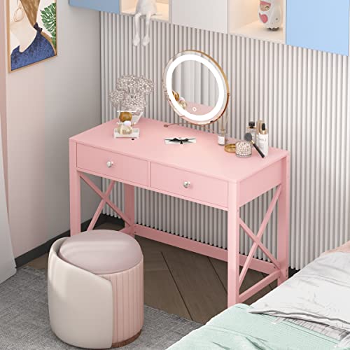 WiberWi Home Office Desk with Drawers, Modern Writing Computer Desk for Bedroom, Small Makeup Vanity Table Study Table for Home Office,Pink - color: Pink