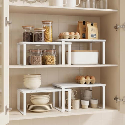 CADUKE Counter Shelf Set of 4 Kitchen Cabinet Shelf Organizer Stackable Expandable Countertop Shelf Organizer Spice Rack for Bathroom Pantry Racks,Metal and Engineered Wood, Marble White - color: Marble White