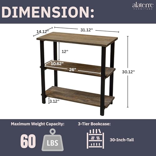 Alaterre Furniture Pomona Living Room 3-Tier Solid Wood Under-Window Bookshelf with Metal Frame – Rustic Industrial Modern Living Room Bookcase (Rustic Brown)