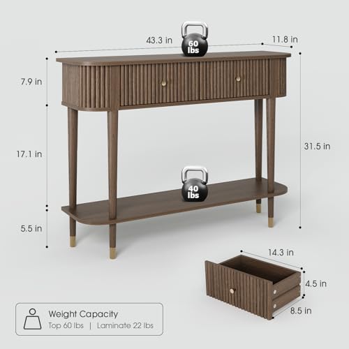 JOINICE 43" Entryway Table with Drawers,Fluted Console Table with Storage Shelf,Narrow Sofa Table for Living Room,Hallway,Foyer,Walnut - color: Walnut