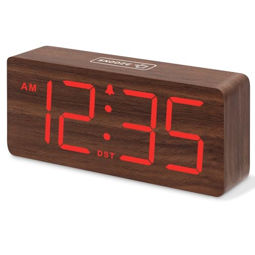 DreamSky Wooden Digital Alarm Clock for Bedroom with Large Numbers | Desk Clocks for Living Room, Office, Dimmer, Loud Alarm for Heavy Sleepers with Volume Control, DST, Wood Decor (Plug-in) - color: Red (Plug-in)