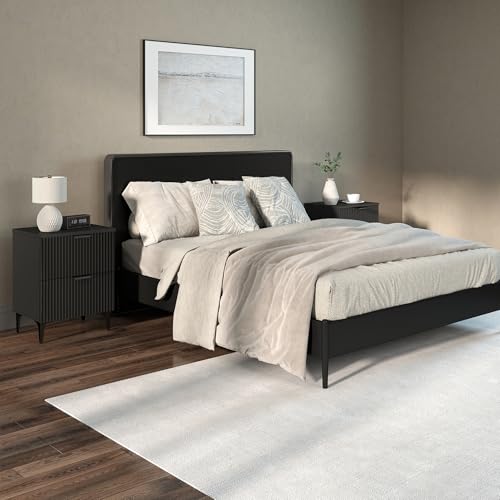 Black Fluted Nightstand Set of 2, Modern Night Stands with 2 Drawers | Bedside Table for Twin/Full/Queen Bed, End Table with Robot-friendly Metal Legs for Bedroom, Living Room - color: 2 Drawers-2pcs-black