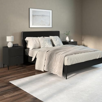 Black Fluted Nightstand Set of 2, Modern Night Stands with 2 Drawers | Bedside Table for Twin/Full/Queen Bed, End Table with Robot-friendly Metal Legs for Bedroom, Living Room - color: 2 Drawers-2pcs-black