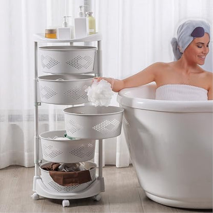 5 Tier Kitchen Storage Cart, Circular Rotating Basket, Storage Rack with 360 Degree Wheels, Fruit And Vegetable Storage, Fruit Vegetable Shelf, Rotatable Basket for Kitchen Bathroom White Five Layers