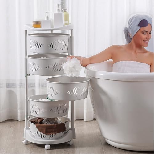 Kitchen Fruit Vegetable Storage Cart, 5 Tier Circular Rotating Basket with Top Lid, Large Hollow Mesh Basket for Veggie Onion Potato Snake, Rolling Storage Rack on Wheels White Five Layers