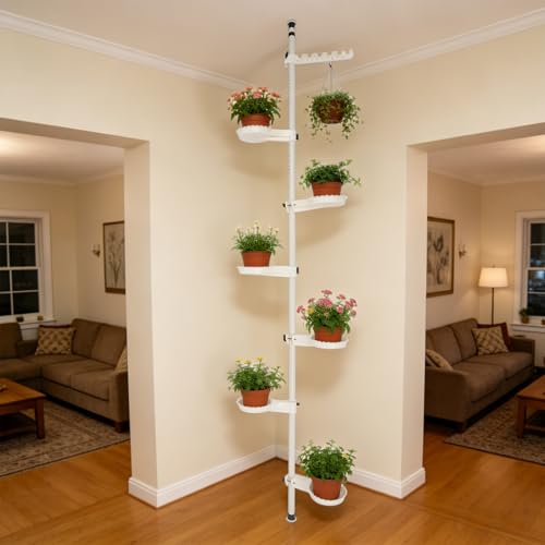 Plant Stand Indoor, 6-Tier Tension Rod Hanging Plant Stand Adjustable Flower Display Rack with 6 Trays Space Saver Corner Plant Poles Floral Pot Hanger Shelf for Displaying Flowers and Potted