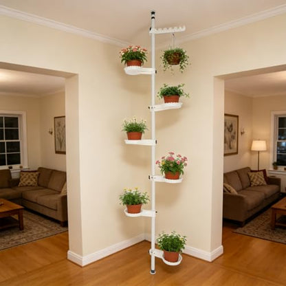 Plant Stand Indoor, 6-Tier Tension Rod Hanging Plant Stand Adjustable Flower Display Rack with 6 Trays Space Saver Corner Plant Poles Floral Pot Hanger Shelf for Displaying Flowers and Potted