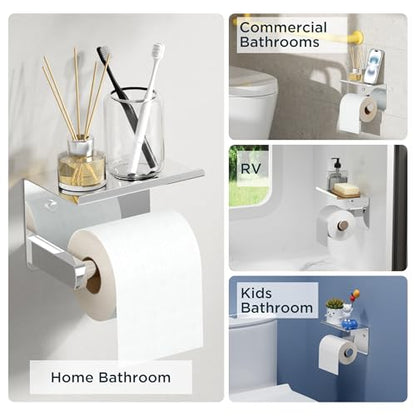 FORIOUS Toilet Paper Holder with Shelf, Adhesive or Screw Wall Mount Toilet Roll Holder for Bathroom, Rustproof 304 Stainless Steel Commercial Toilet Tissue Holder with Phone Shelf, Chrome - color: Chrome