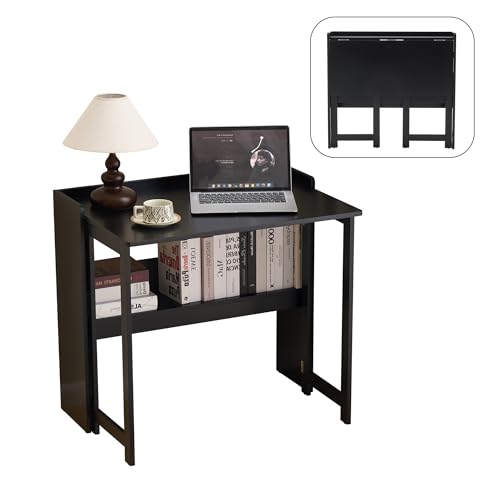 Foldable Desk，Folding Table with Storage Shelf,32.6 Inch Fold Out Computer Desk for Small Spaces,Writing Desk for Bedroom Home Office Dorm and Apartment (Black)