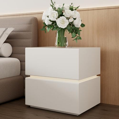 Modern Nightstand with Lights Strip, Leather Wrapped Bedside Table with 2 Drawers, Small Night Stands for Bedroom, End Table, Side Table, No Assembly Required (White, Light Drawers) - size: Light Drawers