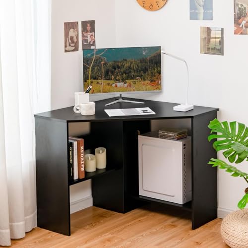 LDAILY Corner Desk, Space Saving 90 Degree Triangle Computer Desk with Storage Shelves & Cable Holes, Wood Compact Corner Writing Table for Small Spaces, Home Office, Bedroom & Living Room, Black - color: Black