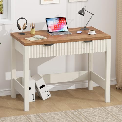 32 Inch Small Fluted Computer Desk with 2 Drawers for Bedroom, Home Office | Small Computer Desk with Storage, Compact Writing Study Desk for Small Spaces, Brown & White - color: Antique White, size: 32-Inch Desk