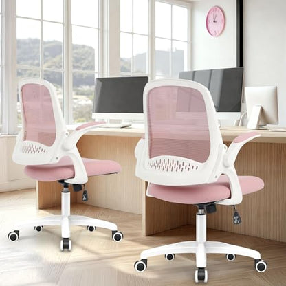 NEO CHAIR Office Desk Gaming Ergonomic Computer Chair with Lumbar Back Support Adjustable Height Swivel Rolling Wheels Flip-up Arms Mesh Chair for Home Vanity (Pink) - color: Pink