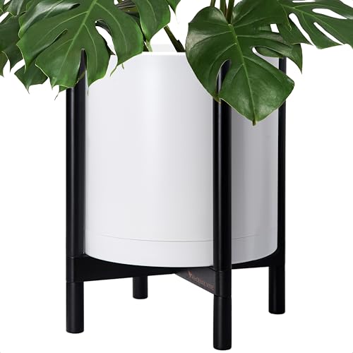 D'vine Dev Plastic Pot with Ebony Wood Stand, White, 16 in, 55-C-Z-1 | Mid-Century Inspired Design, Elevated Plant Display, Clean Lines, Sturdy Support, Modern Space-Saving Style - color: Matte White Pot + Ebony Stand, size: 16 Inch