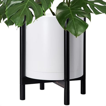 D'vine Dev Plastic Pot with Ebony Wood Stand, White, 16 in, 55-C-Z-1 | Mid-Century Inspired Design, Elevated Plant Display, Clean Lines, Sturdy Support, Modern Space-Saving Style - color: Matte White Pot + Ebony Stand, size: 16 Inch