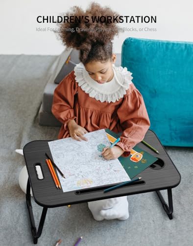 ZEAPTAC Laptop Bed Desk, Foldable Lap Desk, Portable Lap Table, Laptop Stand with Cup Holder, Tablet Slot & Lifting Handle for Work, Write, Draw & Eat on Bed, Sofa or Couch - Black Stripe