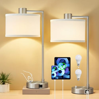 Luvkczc Table Lamps for Living Room with USB C+A Ports - Fully Stepless Dimmable Bedsides Lamp with Linen Lampshade, Lamps for Night Stands Bedroom Reading Office, 2 LED Bulbs Included (Silver) - color: Silver