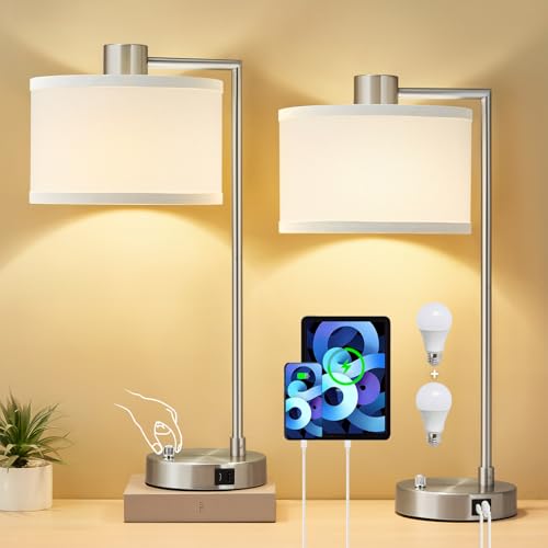 Luvkczc Table Lamps for Living Room with USB C+A Ports - Fully Stepless Dimmable Bedsides Lamp with Linen Lampshade, Lamps for Night Stands Bedroom Reading Office, 2 LED Bulbs Included (Silver) - color: Silver