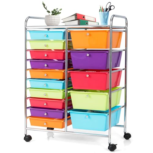 GLACER 15 Drawers Rolling Storage Cart, Steel Frame Craft Organizer Cart | Utility Cart w/Lockable Wheels & Handle, Mobile Art & Tool Supply Trolley for Teacher, Home, School, Office (Multicolor) - color: Multicolor, size: 15 Drawers (5 Big +10 Small)