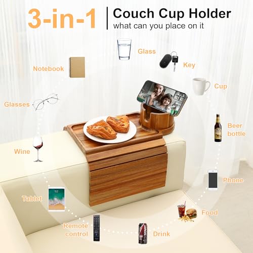 Couch Cup Holder Tray,Acacia Wood Couch Arm Table with Phone Holder, Large Foldable Sofa Arm Tray for Drink Snacks Table - color: Acacia Wood