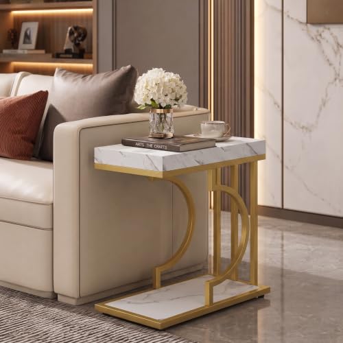 Tribesigns C Shaped Modern End Table for Coach with Metal Frame | Faux Marble Grain, Small Side Table for Living Room, Nightstand for Bedroom, White&Gold - color: White&gold
