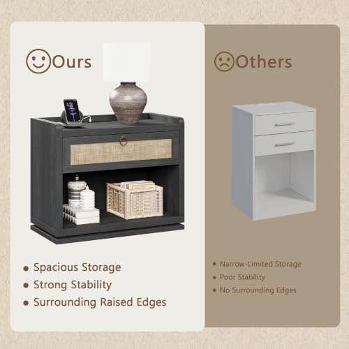 31" Wide Rattan Nightstand with Charging Station, End Side Table | Drawer & Open Shelf, Extra Large Night Stand, Farmhouse, Boho, Wood Bedside Table for Bedroom,Living Room,Office - color: Obsidian