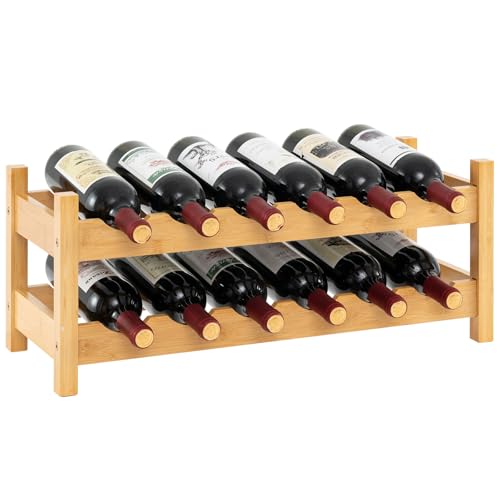 Giantex Bamboo Wine Rack, 2 Tier 12 Bottle Wine Storage Cabinet Shelf, Small Wine Rack Bottle Organizer Freestanding Counter, Countertop Wine Racks for Kitchen, Bar, Pantry & Wine Cellar, Natural - color: Natural, size: 24" x 9.5" x 10"(L x W x H)