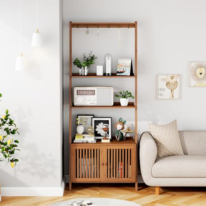 Bookcase with Drawers, 4-Tier Bamboo Bookshelf Ladder Shelf with 6 Hooks, Tall Narrow Retro Book Shelf, 24.8"L x 10.6"W x 59.5"H, Standing Storage Organizer for Living Room, Office, Bedroom, Walnut - color: 4-tier Walnut