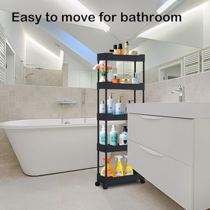 5-Tier Plastic Rolling Utility Cart, Rolling Storage Cart, Narrow Shelf, Bathroom Organizer Rolling Utility for Office, Kitchen,Bathroom,Living Room,Laundry Room