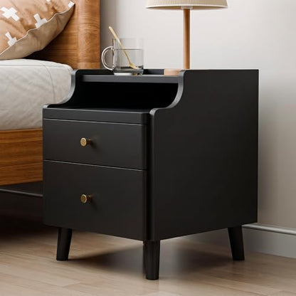 Nightstand Set of 2, Pre-Assembled, 19.7“H Solid Wood Night Stand with 2 Drawers, Open Sliding Shelf, Mid Century Modern Small Bedside Table for Bedroom, Black 16" - color: Black-2pack, size: 16"