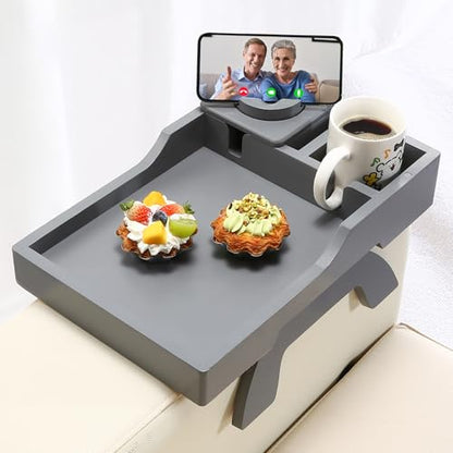 Couch Arm Table Tray, 15.3" x 9.8" Large Bamboo Couch Arerest Table for Cup Holder, Adjustable Sofa Arm Clip Tray Table with Rotated Phone Holder - color: Gray