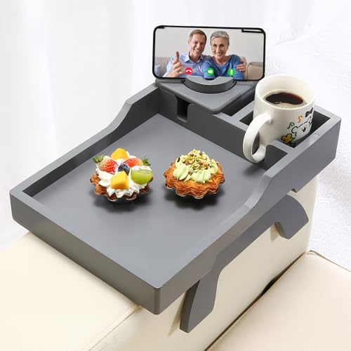 Couch Arm Table Tray, 15.3" x 9.8" Large Bamboo Couch Arerest Table for Cup Holder, Adjustable Sofa Arm Clip Tray Table with Rotated Phone Holder - color: Gray