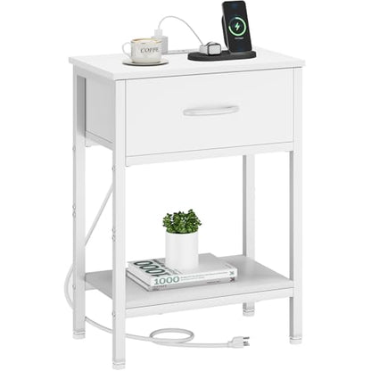 Vagusicc White Nightstand with Charging Station, End Table with Fabric Drawer, Small Side Table with 2-Tier Storage Shelves, 25.4" Tall Bedside Table, White Night Stand for Bedroom, Living Room, Dorm - color: White (1 Pack)