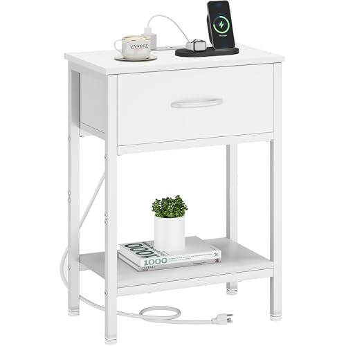 Vagusicc White Nightstand with Charging Station, End Table with Fabric Drawer, Small Side Table with 2-Tier Storage Shelves, 25.4" Tall Bedside Table, White Night Stand for Bedroom, Living Room, Dorm - color: White (1 Pack)