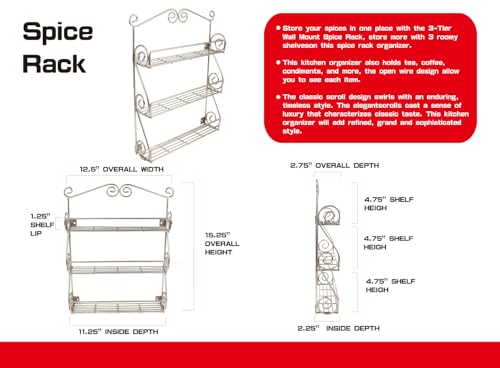 FitWell Scroll Wall Mount Spice Rack, 3-Tier, Traditional Spice Rack Cabinet & Kitchen, Beauty & Nail Polish Organizer for Bathroom, Scroll Wall-Mounted (Satin Nickel) - color: Satin Nickel