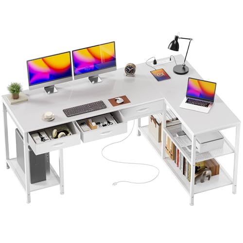 PRAISUN 55 Inch L Shaped Office Desk with Power Outlets and Type-C Port, Large Computer Gaming Desk with 3 Fabric Drawers, Mesh Shelves, Corner Study Work Writing Desk, White - color: White, size: 55.1inch