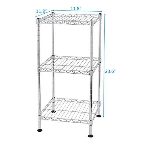 3-Tier Steel Storage Shelving Unit, Chrome | Adjustable, Small Shelf Rack, Leveling Feet, for Kitchen Pantry Garage - color: Chrome, 3 Tier-11.81"
