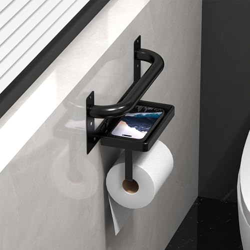 Black Toilet Paper Holder with Assist Bar Toilet Grab Bar Stainless Steel - Assistance Handle with Toilet Roll Holder and Shelf Wall Mounted Grab Bars with Toilet Paper Holder for Elderly Seniors