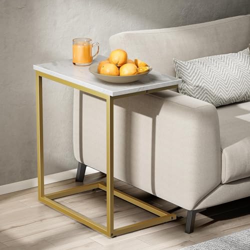 Pipishell C Shaped End Table 27 inches High, Side Table with Modern Marbling Wood Table Top for Couch Slide Under, C Table Sofa Side End Table for Living Room - color: White