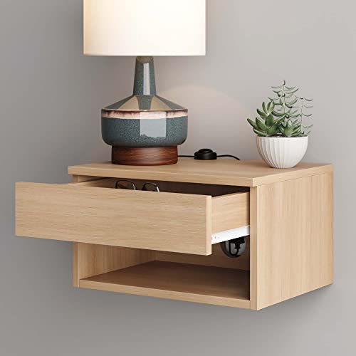 Nathan James Jackson Wall Mounted Floating Bedroom Nightstand with Storage Drawer and Modern Open Shelf Cubby, Light Oak Wood - color: Light Oak, size: 1