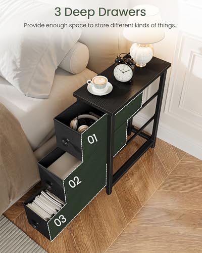 CHOEZON Narrow Side Table with 3 Fabric Drawers, Industrial Slim Bedside Table for Small Spaces, Bedroom, Living Room, Dormitory, Black TBZ09BB - color: Black