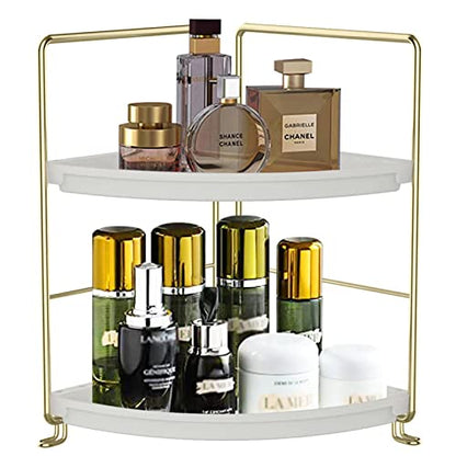 2-Tier Makeup Perfume Counter Organizer, Bathroom Corner Countertop Shelf Vanity Bedroom Storage Tray,Kitchen Spice Rack Standing Shelf(Gold,White) - size: Corner